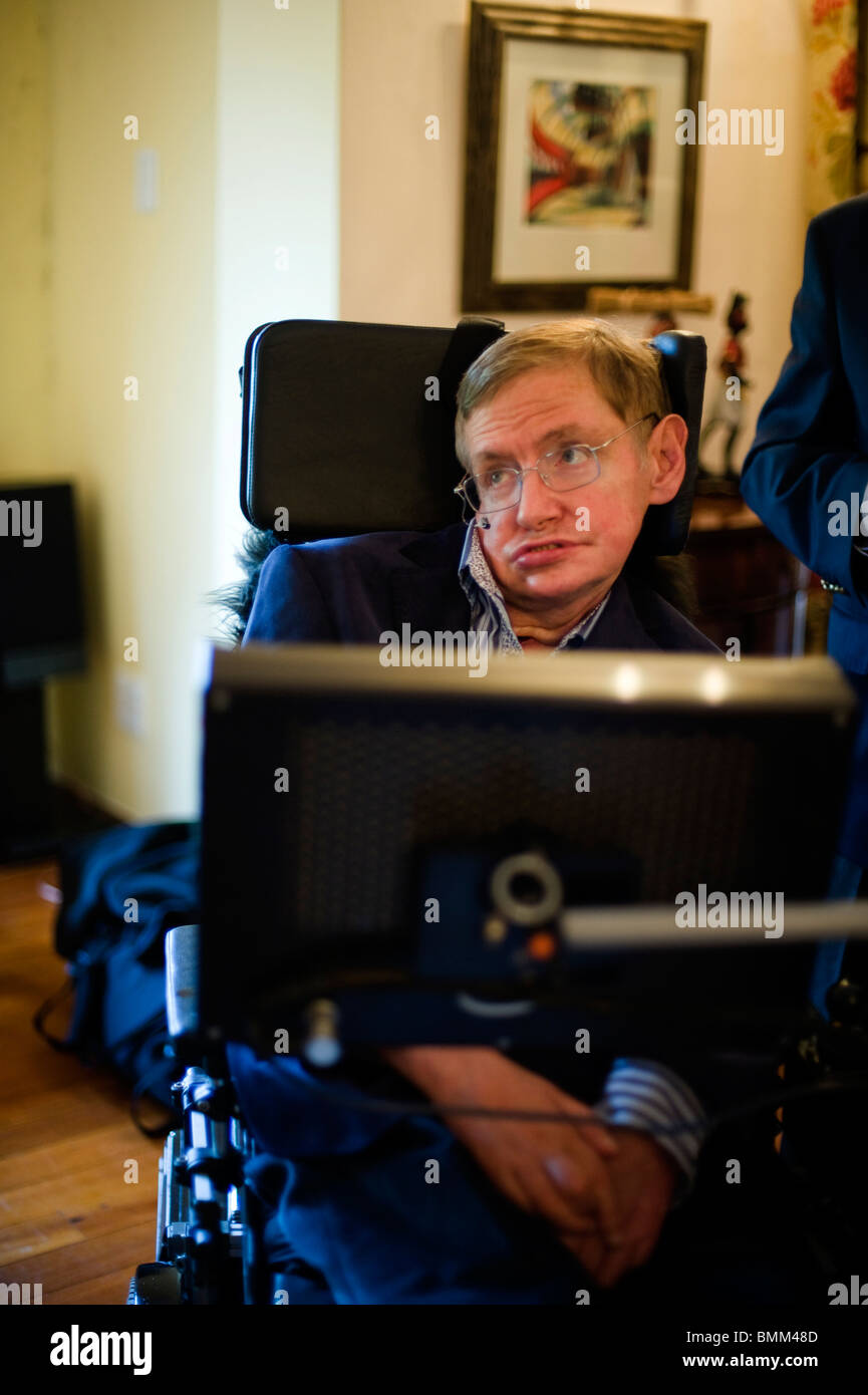 Stephen Hawking is a British theoretical physicist. He is the Lucasian Professor of Mathematics at the University of Cambridge Stock Photo