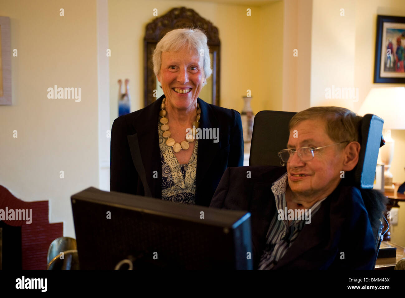 Stephen Hawking at TED conference with his wife.Stephen William Hawking PhD CH CBE FRS FRSA is a British theoretical physicist. Stock Photo