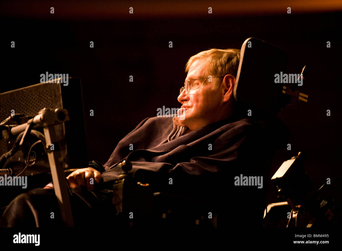 Stephen Hawking at TED conference.Stephen William Hawking PhD, CH, CBE, FRS, FRSA is a British theoretical physicist. Stock Photo