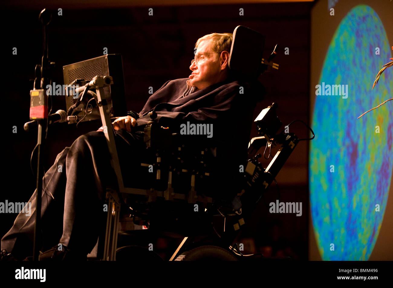 Stephen Hawking at TED conference.Stephen William Hawking PhD, CH, CBE, FRS, FRSA is a British theoretical physicist. Stock Photo