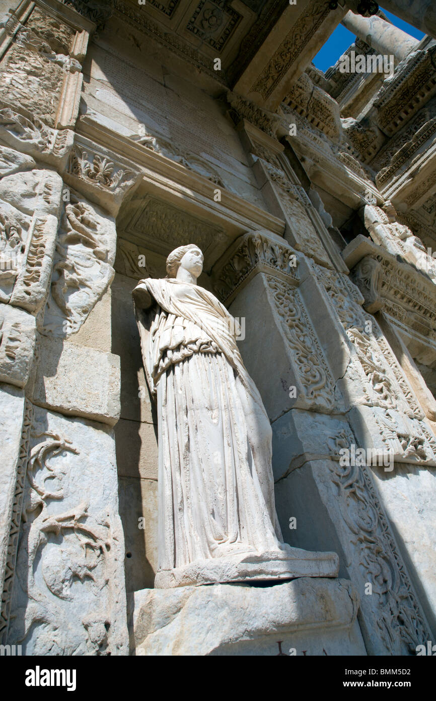A Statue at the Ancient Library of Celsus in Ephesus Stock Photo