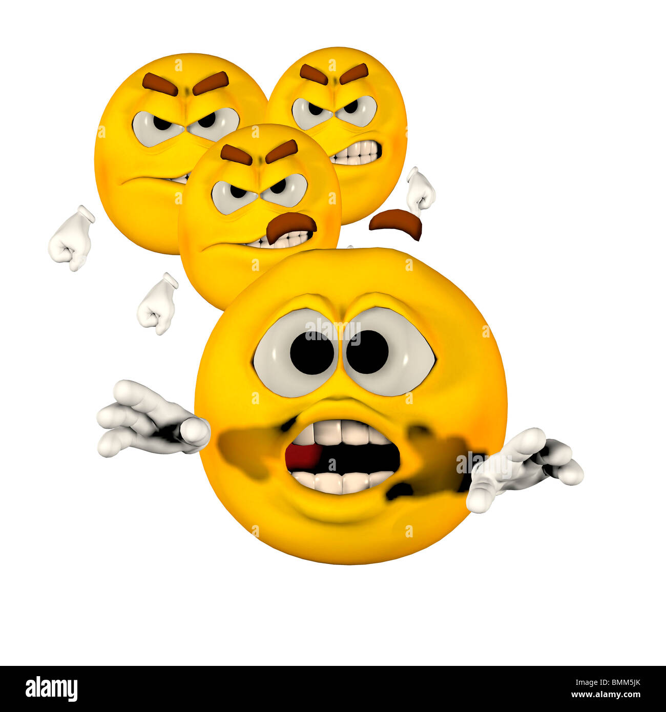 Frightened Emoticon running away from angry Emoticons Stock Photo