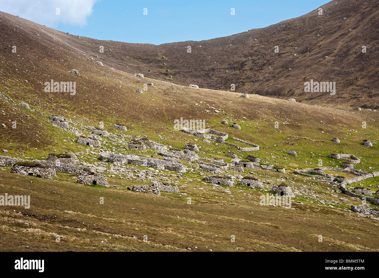 Cleats and livestock pens on the slopes of Conachair above Village Bay on the Isle of St. Kilda Stock Photo