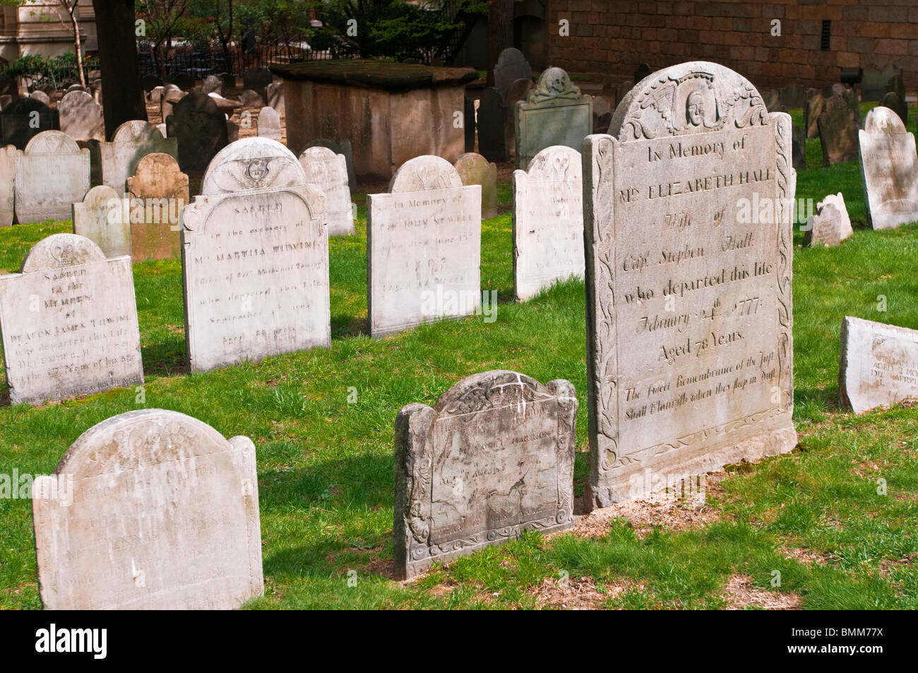 Tombstones at Kings Chapel Burial Ground on the Freedom Trail, Boston, Massachusetts Stock Photo