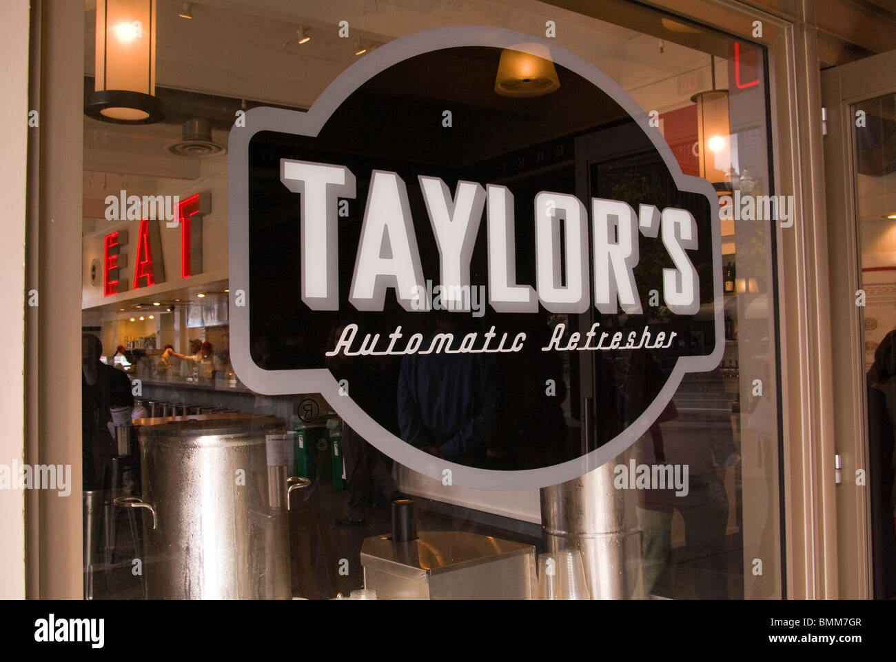 USA, California, San Francisco, Ferry Building, Taylor's restaurant, Sign on window Stock Photo