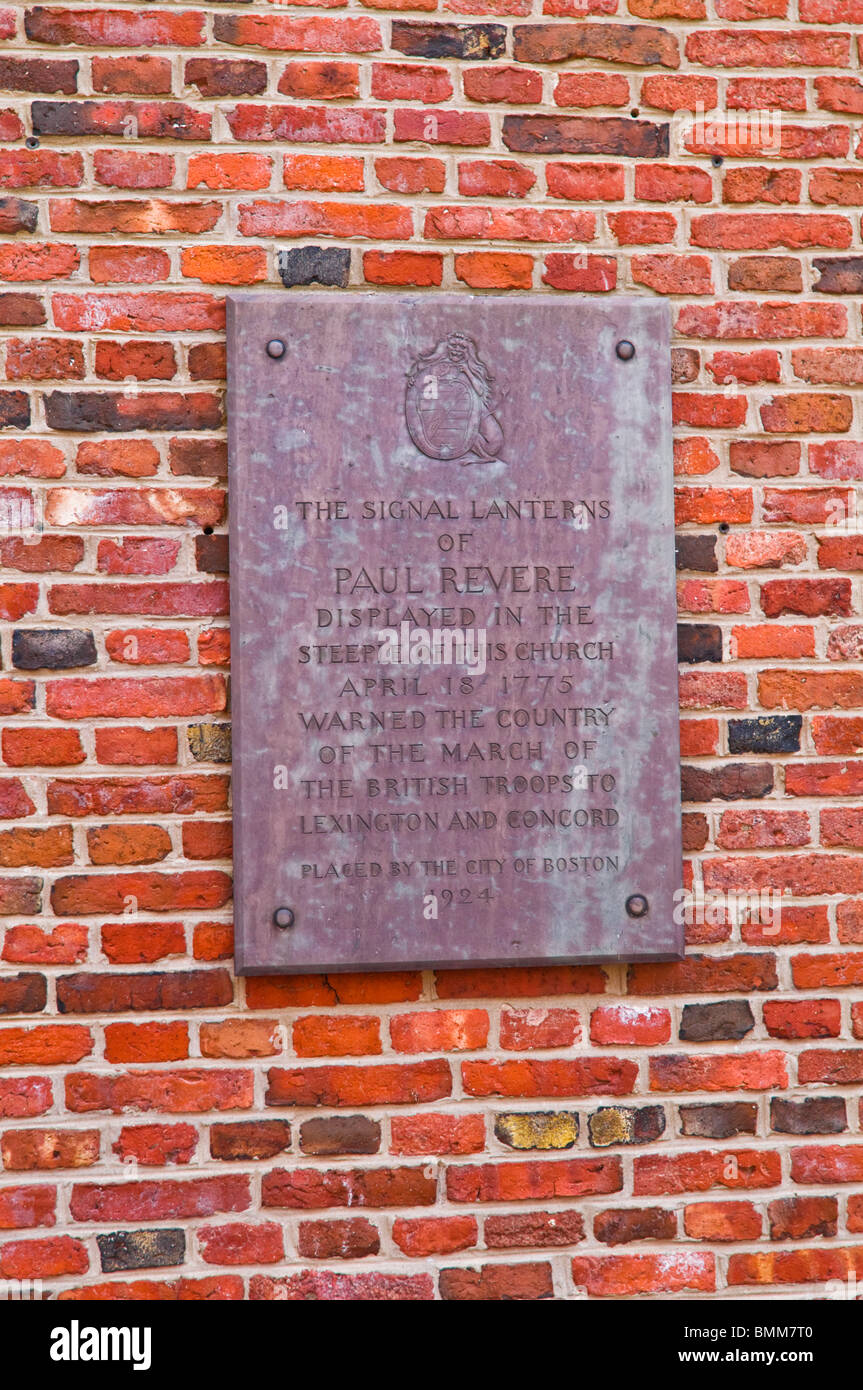 Plaque on the Old North Church describing Paul Revere's ride, Freedom Trail, Boston, Massachusetts Stock Photo