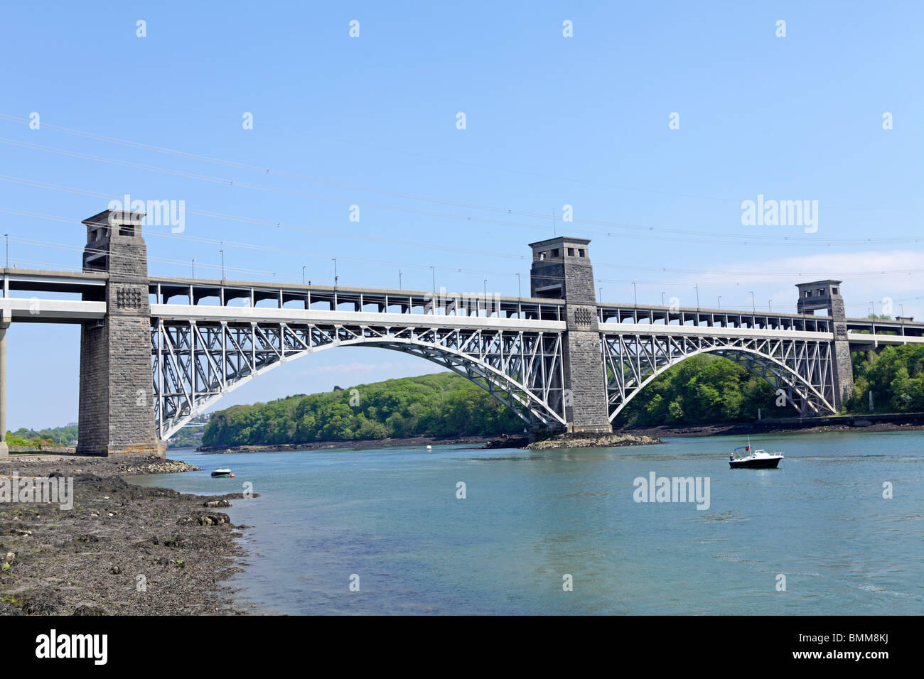 Britannia Bridge across Menai Strait, Anglesey Island, Wales, United Kingdom Stock Photo