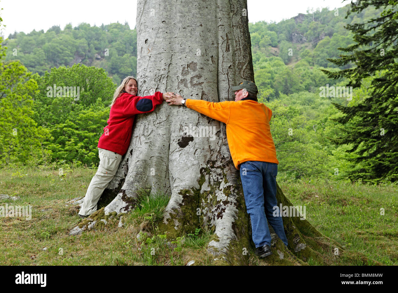 man and woman embracing a large tree trunk Stock Photo