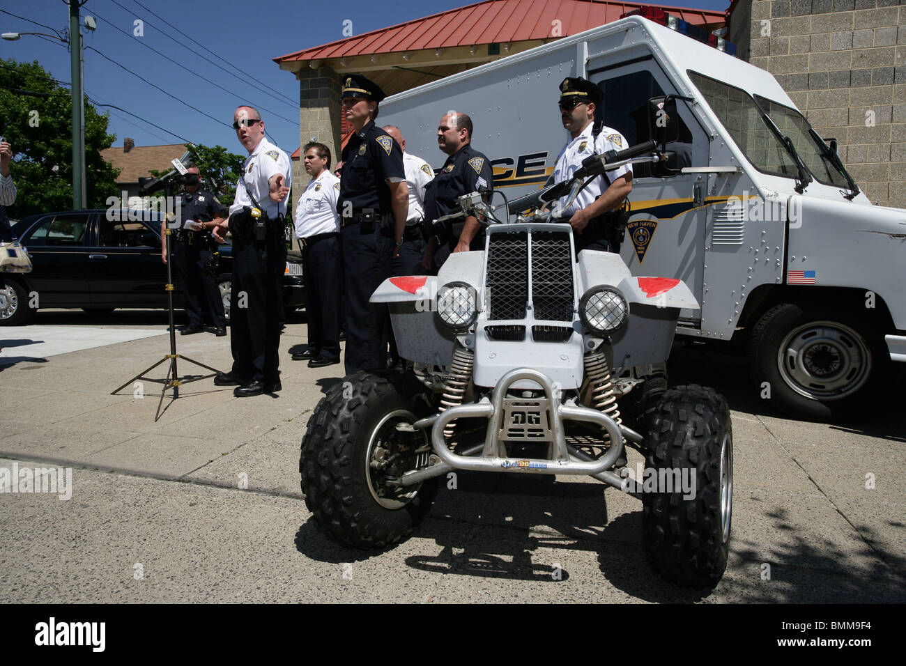 New Haven police show off an ATV that they confiscated on city streets. The city is cracking down on dirt bikes and ATV's. Stock Photo