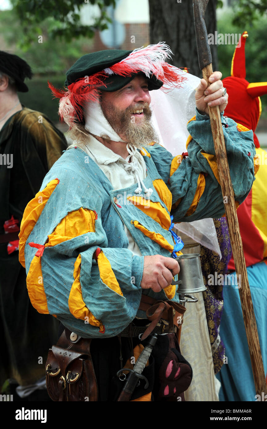 Member of the Free Company Re-enactment Society in Brighton and Hove dressed in Medieval costume Stock Photo