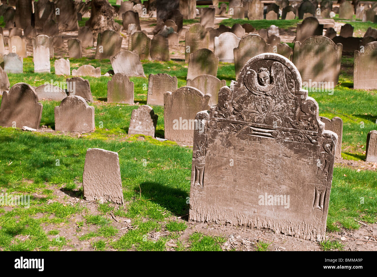 Tombstones in the Granary Burial Ground on the Freedom Trail, Boston