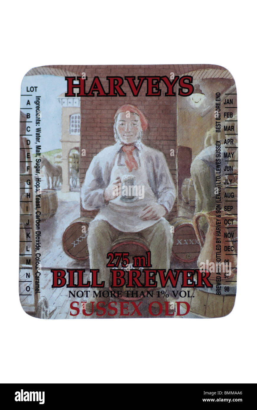 Harveys Bill Brewer (low alcohol Old Ale) Bottled Beer label - circa 1996 - 1998 - the beer is still brewed @ June 2010. Stock Photo