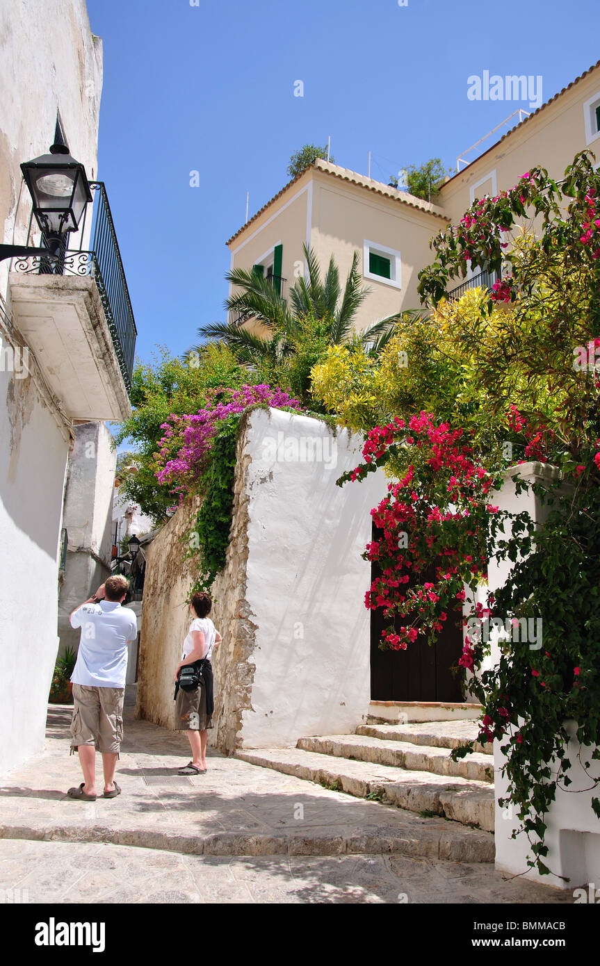 Street scene, Dalt Vila, Eivissa, Ibiza, Balearic Islands, Kingdom of Spain Stock Photo