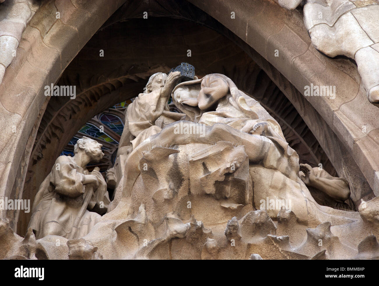 EXTERIOR OF SAGRADA FAMILIA CATHEDRAL UNFINISHED GAUDI  CHURCH IN BARCELONA STONE RELIGIOUS STATUES SPAIN EUROPE Stock Photo