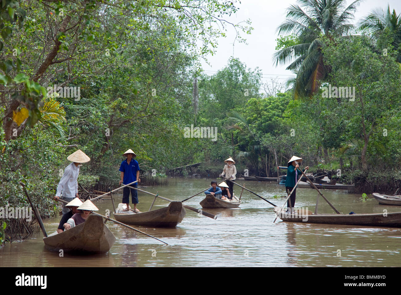 Typical Vietnamese boats in the Mekong River Delta area Stock Photo
