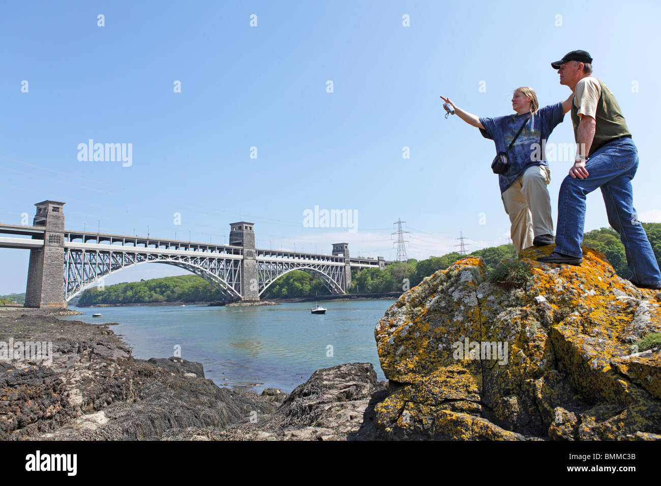 Britannia Bridge across Menai Strait, Anglesey Island, Wales, United Kingdom Stock Photo