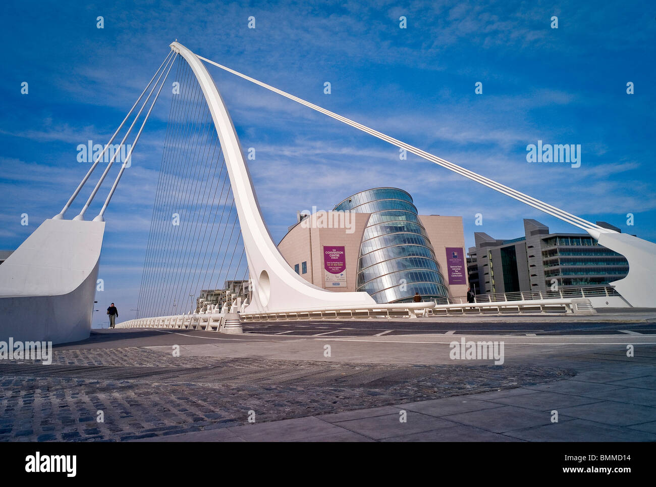 The Samuel Beckett Bridge over the river Liffey with the Natinal ...