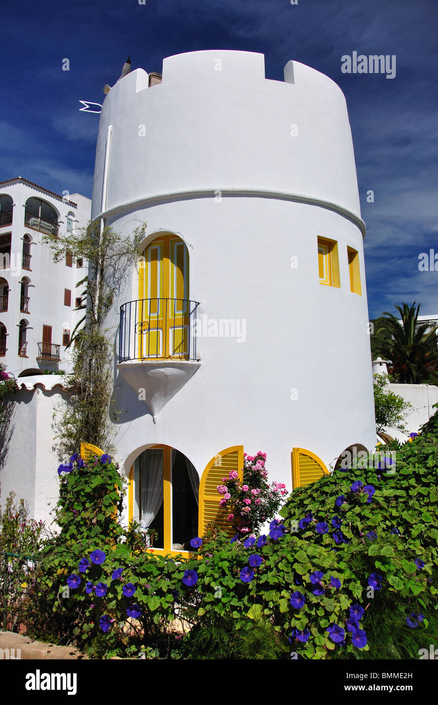 Small, tower-shaped villa on waterfront, Santa Eularia des Riu, Ibiza, Balearic Islands, Spain Stock Photo