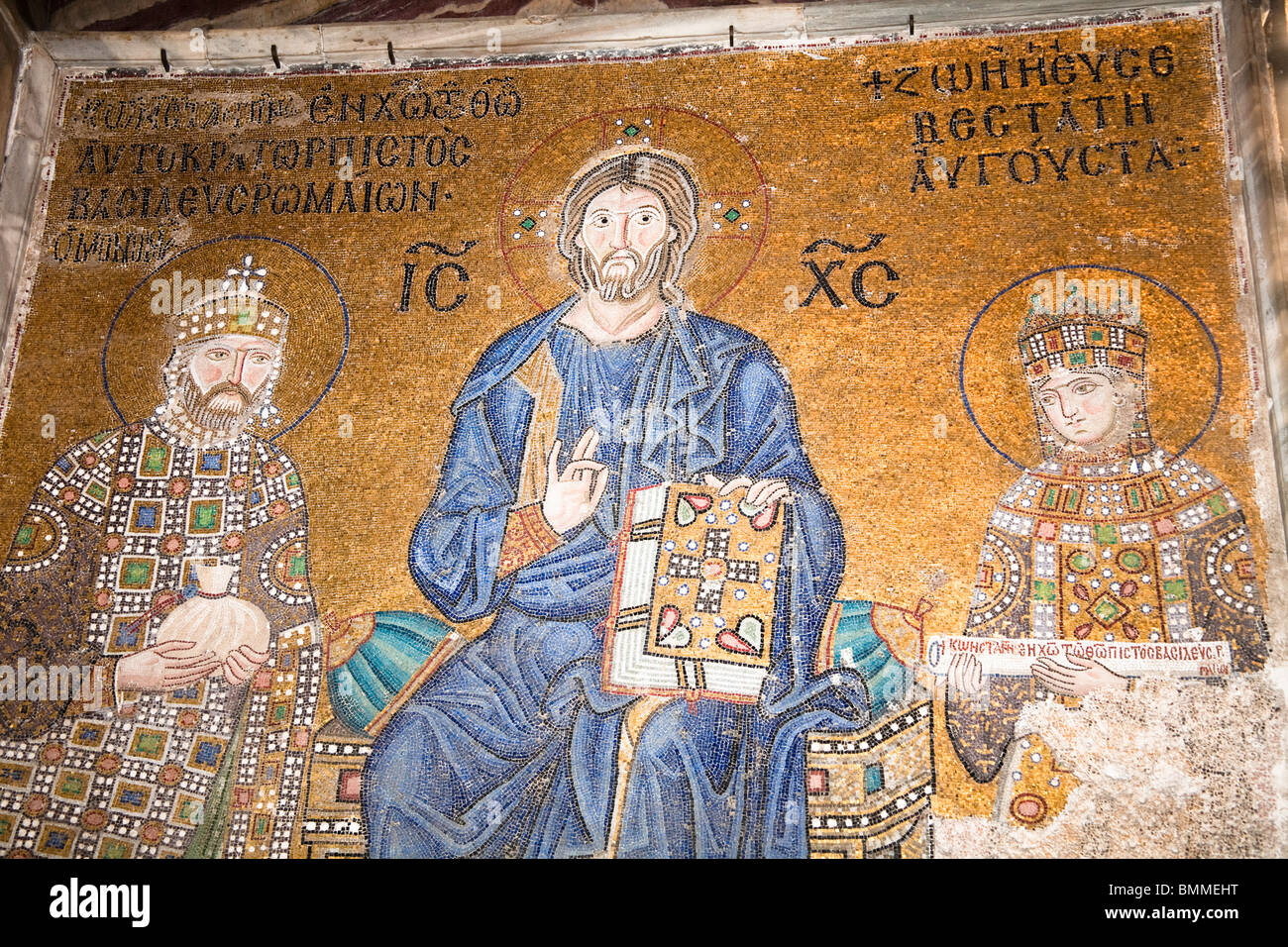 Mosaic of Jesus Christ, Empress Zoe, and Constantine IX monomakhos, Haghia Sophia Mosque, Istanbul, Turkey Stock Photo