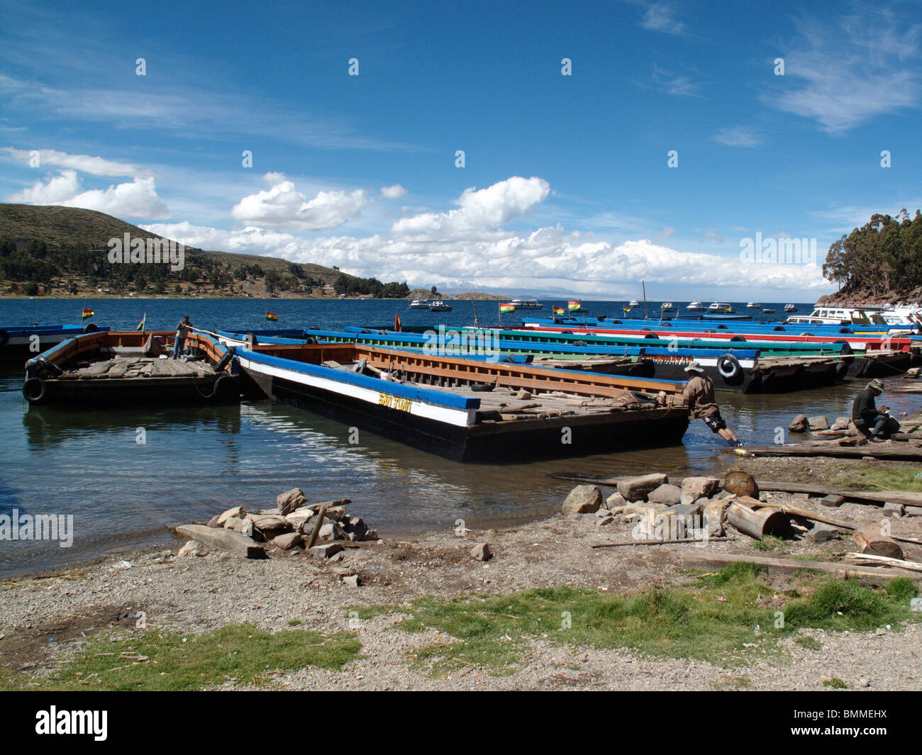Wooden barge ferry used to transport vehicles across the southern end of Lake Titicaca at Tiquina in Bolivia Stock Photo