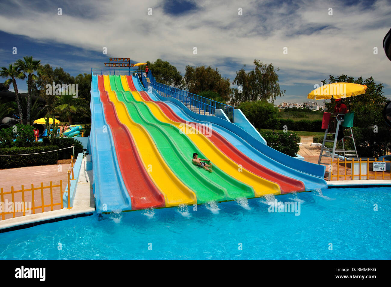 Waterslides, Aquamar Water Park, Platja d’en Bossa, Balearic Islands, Spain Stock Photo