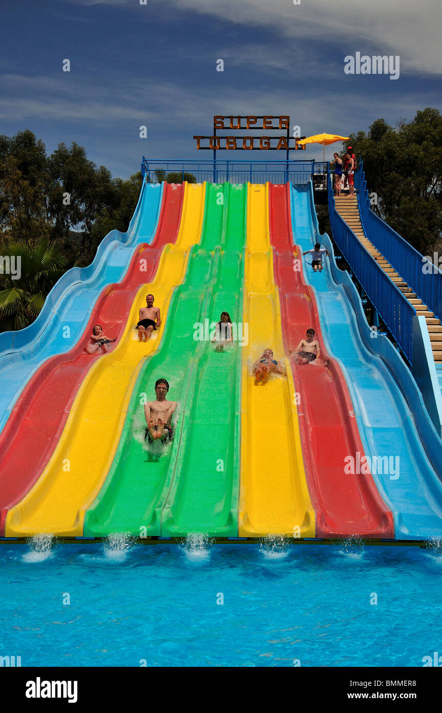 Waterslides, Aquamar Water Park, Platja d’en Bossa, Ibiza, Balearic Islands, Spain Stock Photo