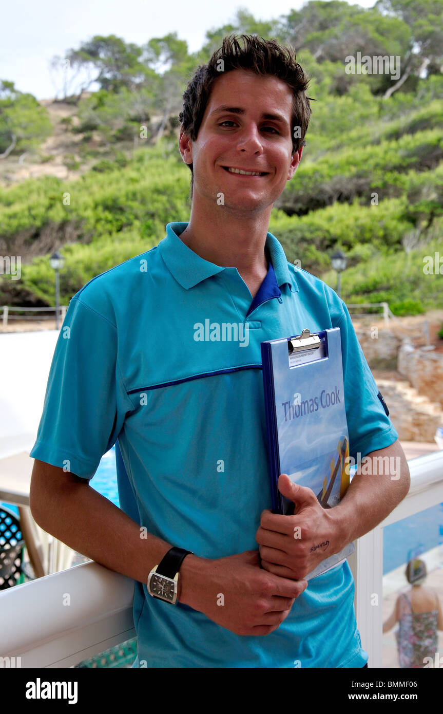 Male Thomas Cook representative, Hotel Ibiza Sol, Santa Eularia des Riu, Ibiza, Balearic Islands, Spain Stock Photo