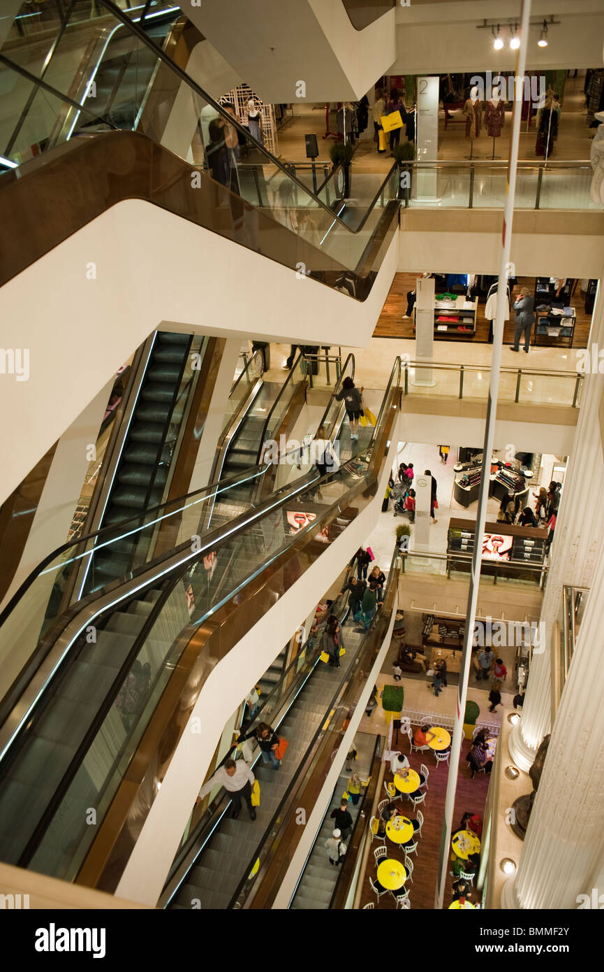 London, UK, Great Britain, High Angle, Inside General View of Escalator inside Selfridges Department Store Stock Photo