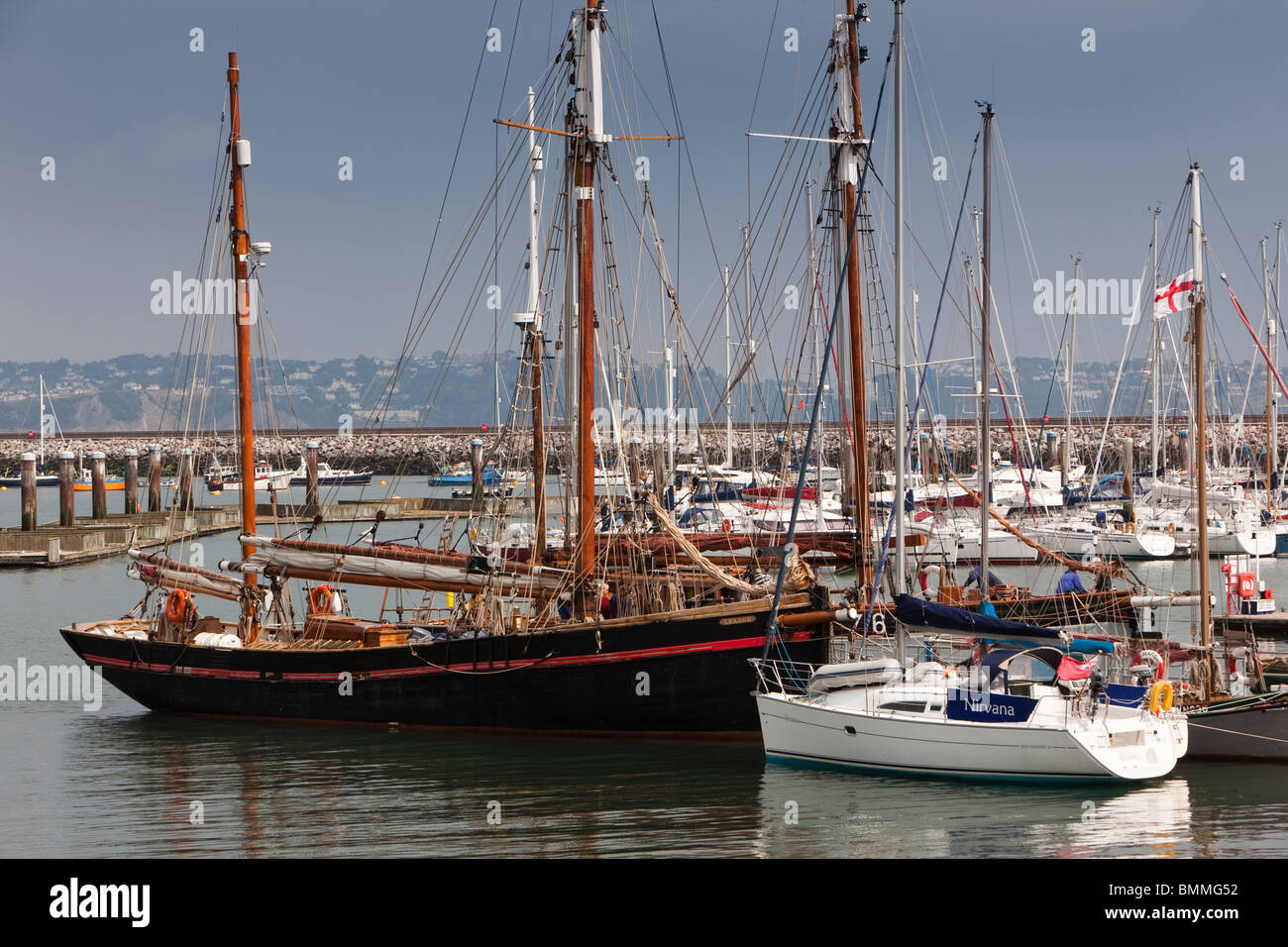 UK, England, Devon, Brixham Harbour, heritage pontoon, Leader Gaff Rigged trawler Stock Photo