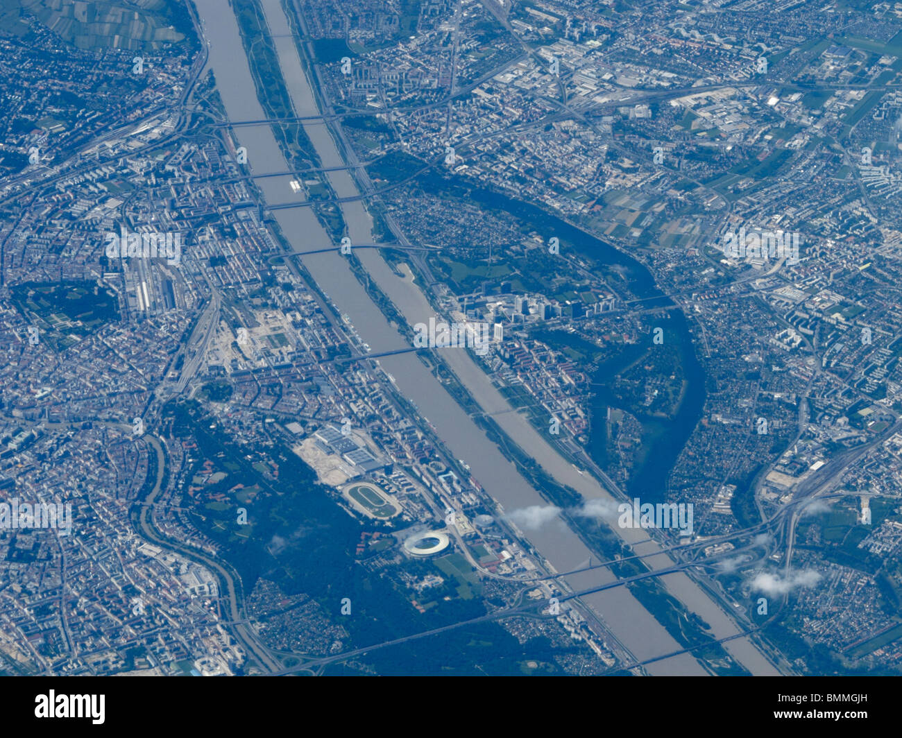 Vienna, the capital of Austria, with the Danube river and the UNO and the OPEC centre Stock Photo