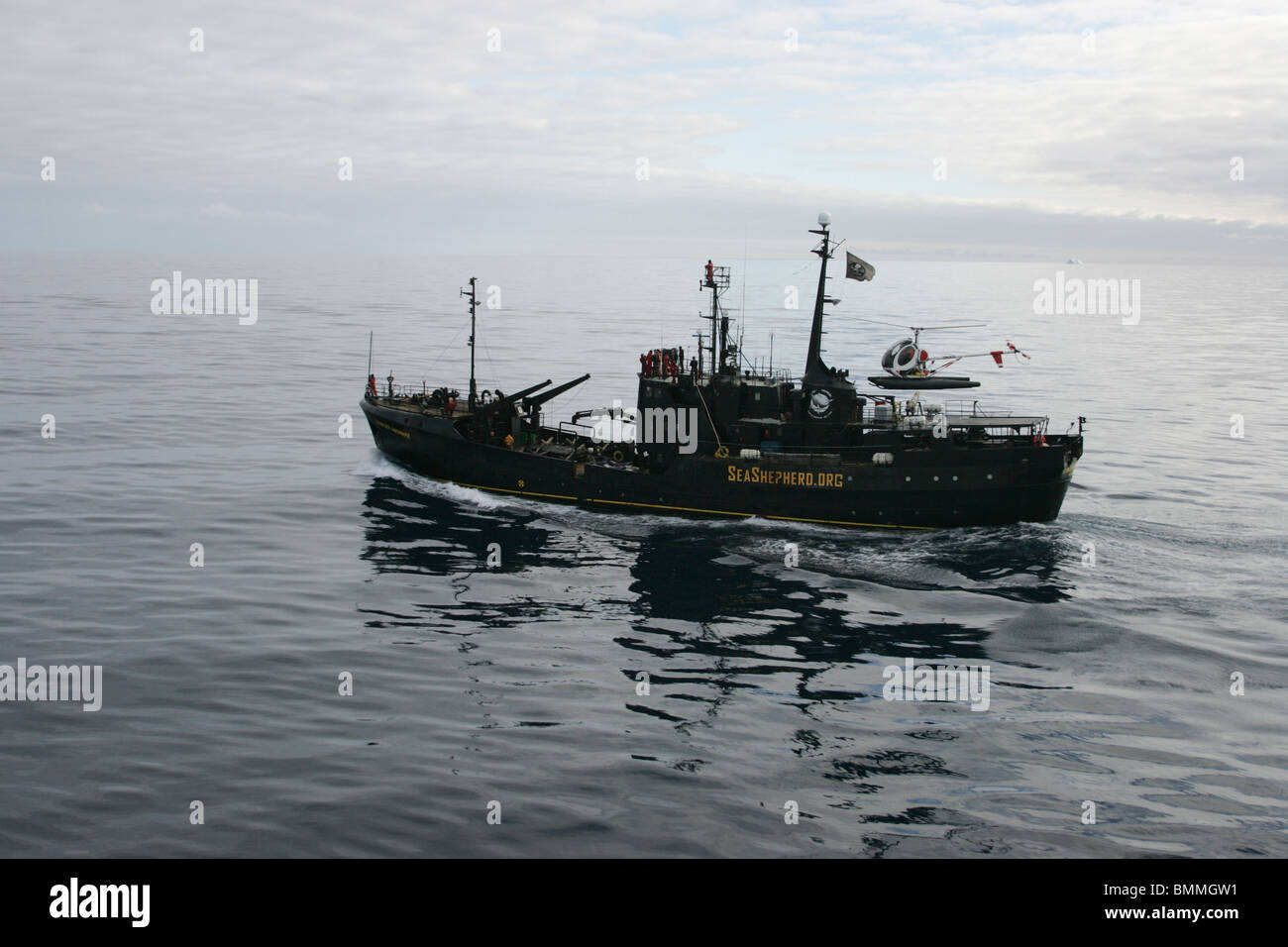 Sea Shepherd Conservation Society ship, the 'Farley Mowat', in Southern Ocean in 2006 hunting the Japanese whaling fleet. Stock Photo