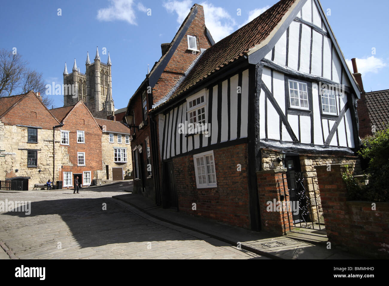 16th Century half timbered crooked house at the top of Michaelgate, Lincoln, near Steep Hill. Stock Photo