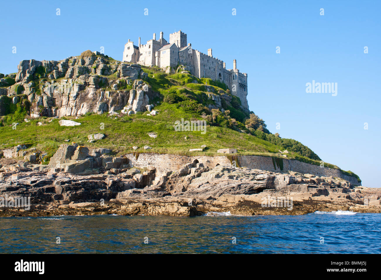 The seaward side of St Michaels Mount Cornwall photographed from the sea. Stock Photo