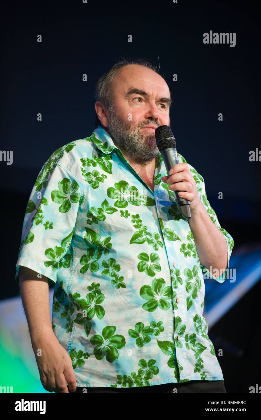 British comedian and game show panelist Andy Hamilton performing on stage at Hay Festival 2010 Hay on Wye Powys Wales UK Stock Photo