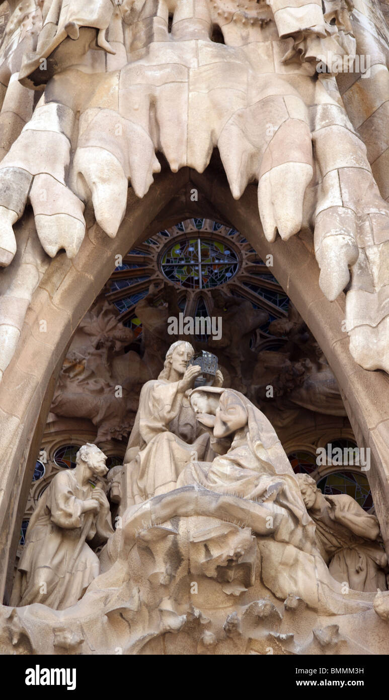 EXTERIOR OF SAGRADA FAMILIA CATHEDRAL UNFINISHED GAUDI  CHURCH IN BARCELONA STONE RELIGIOUS STATUES SPAIN EUROPE Stock Photo