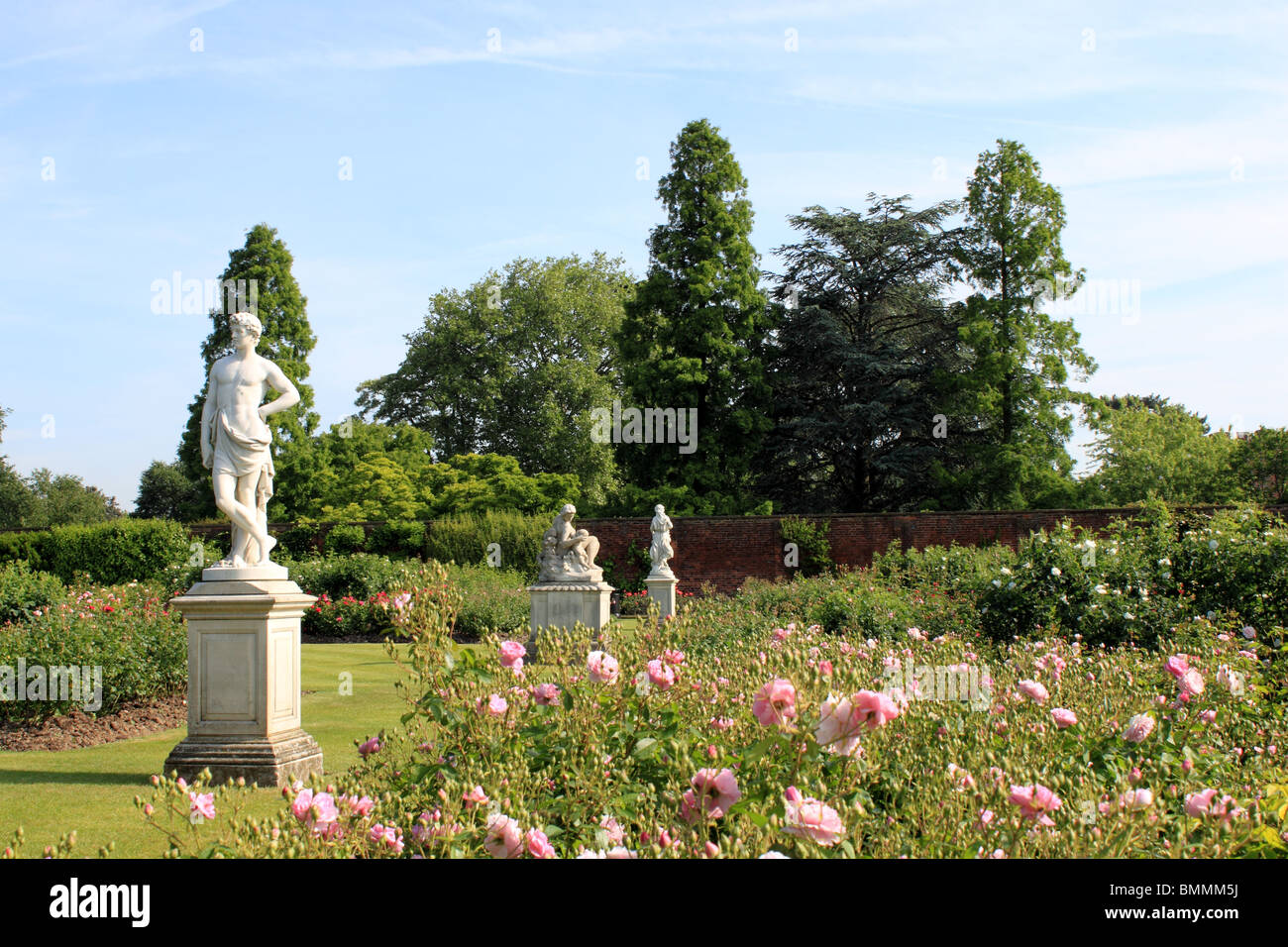 Classical statues in rose garden, Hampton Court Palace, East Molesey
