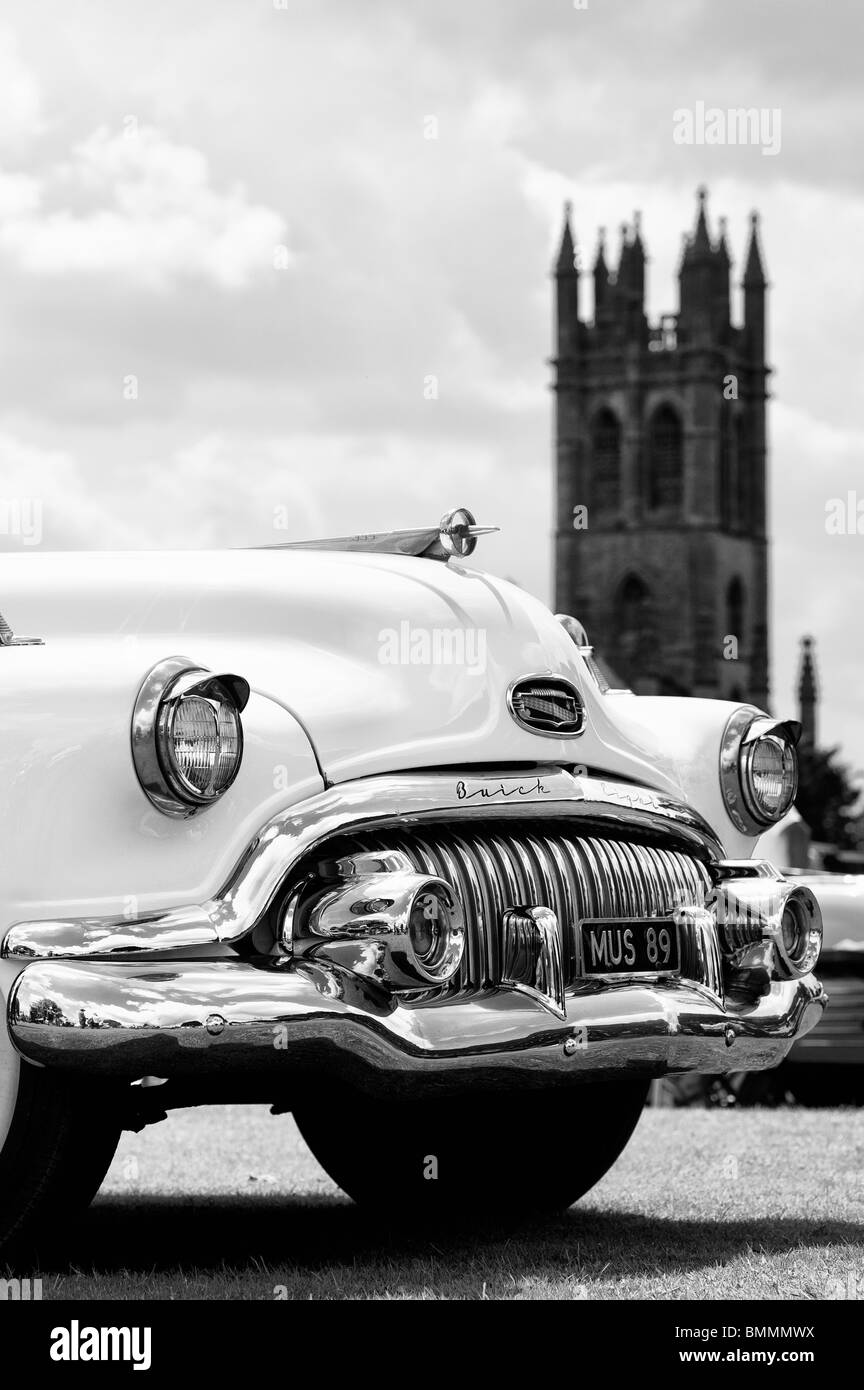 Buick eight front end, a classic American car, at Churchill vintage car show, Oxfordshire, England. Monochrome Stock Photo