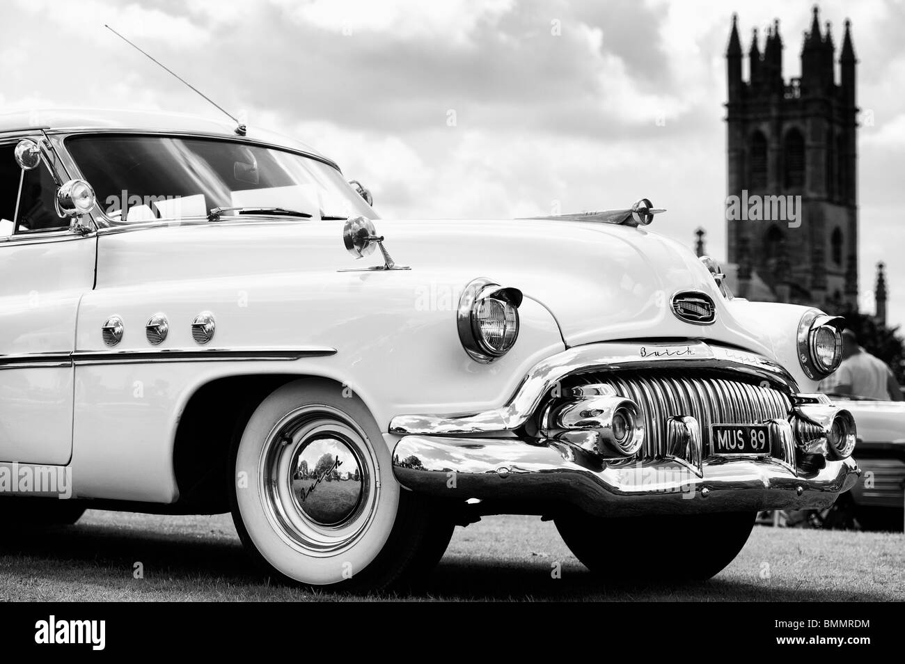 Buick eight front end, a classic American car, at Churchill vintage car show, Oxfordshire, England. Monochrome Stock Photo