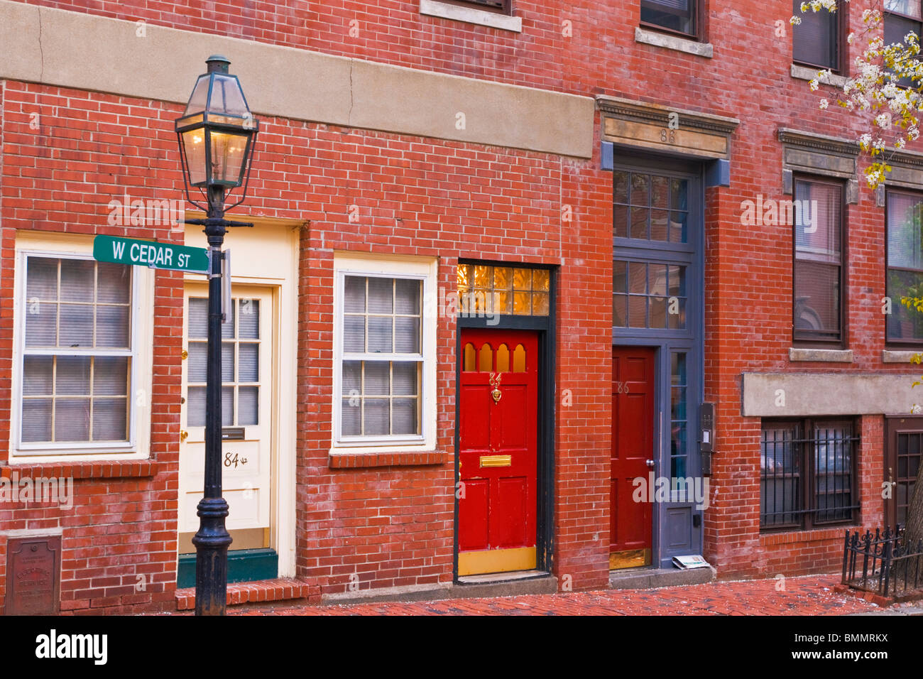 Brick houses and gas street lamp on Beacon Hill, Boston, Massachusetts