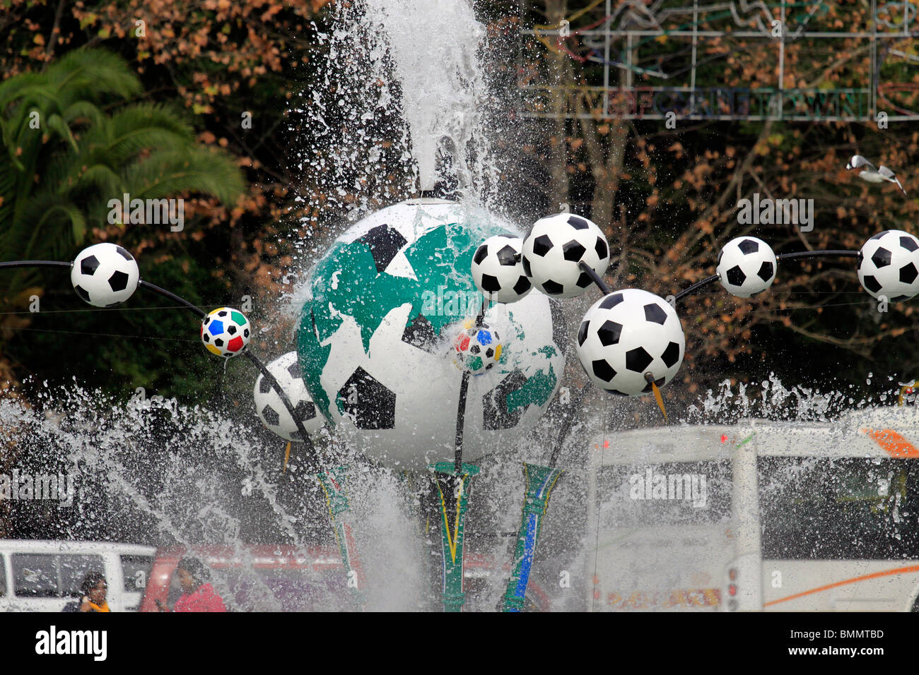 Fountain brightly decorated in celebration of 2010 Fifa World Cup