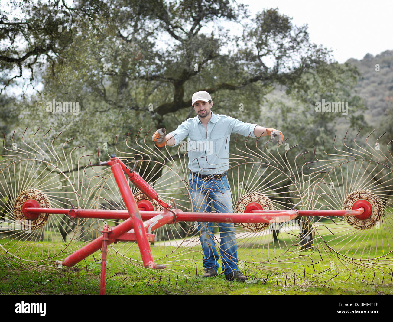 Man on farm with hay rake Stock Photo