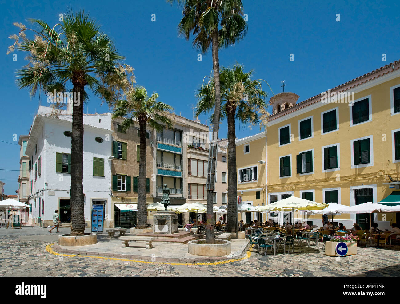 Pavement cafes in centre of Mahon, Menorca, Balearics, Spain Stock Photo