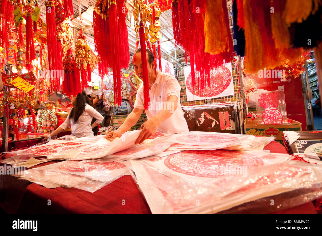 Street market stall selling Chinese New Year decorations in Hong Kong
