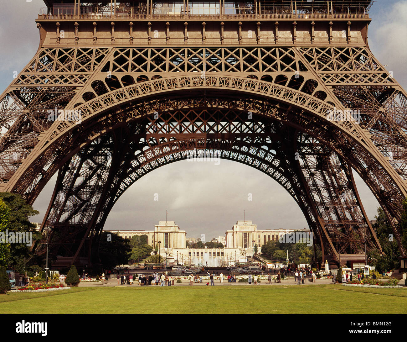 The arch of the Eiffel Tower, Paris, France, looking through to the Institut de Chaillot Stock Photo