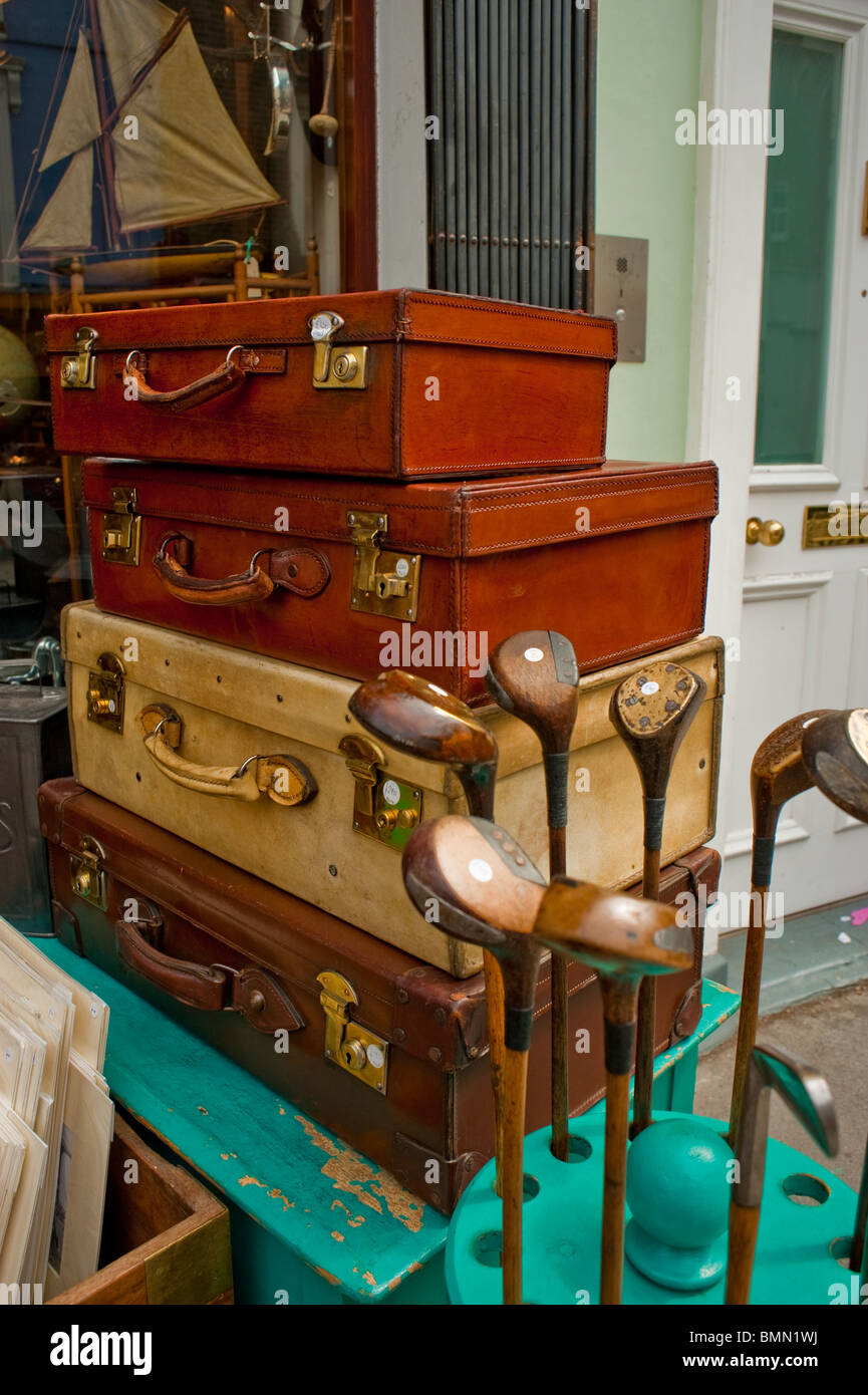 London, England, UK, Old Suitcases Piled up on Display outside local at