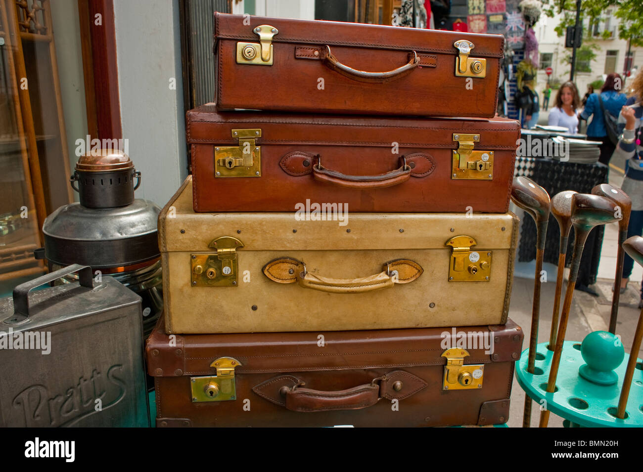 London, England, UK, Old Suitcases Piled up on Display Outside Thrift
