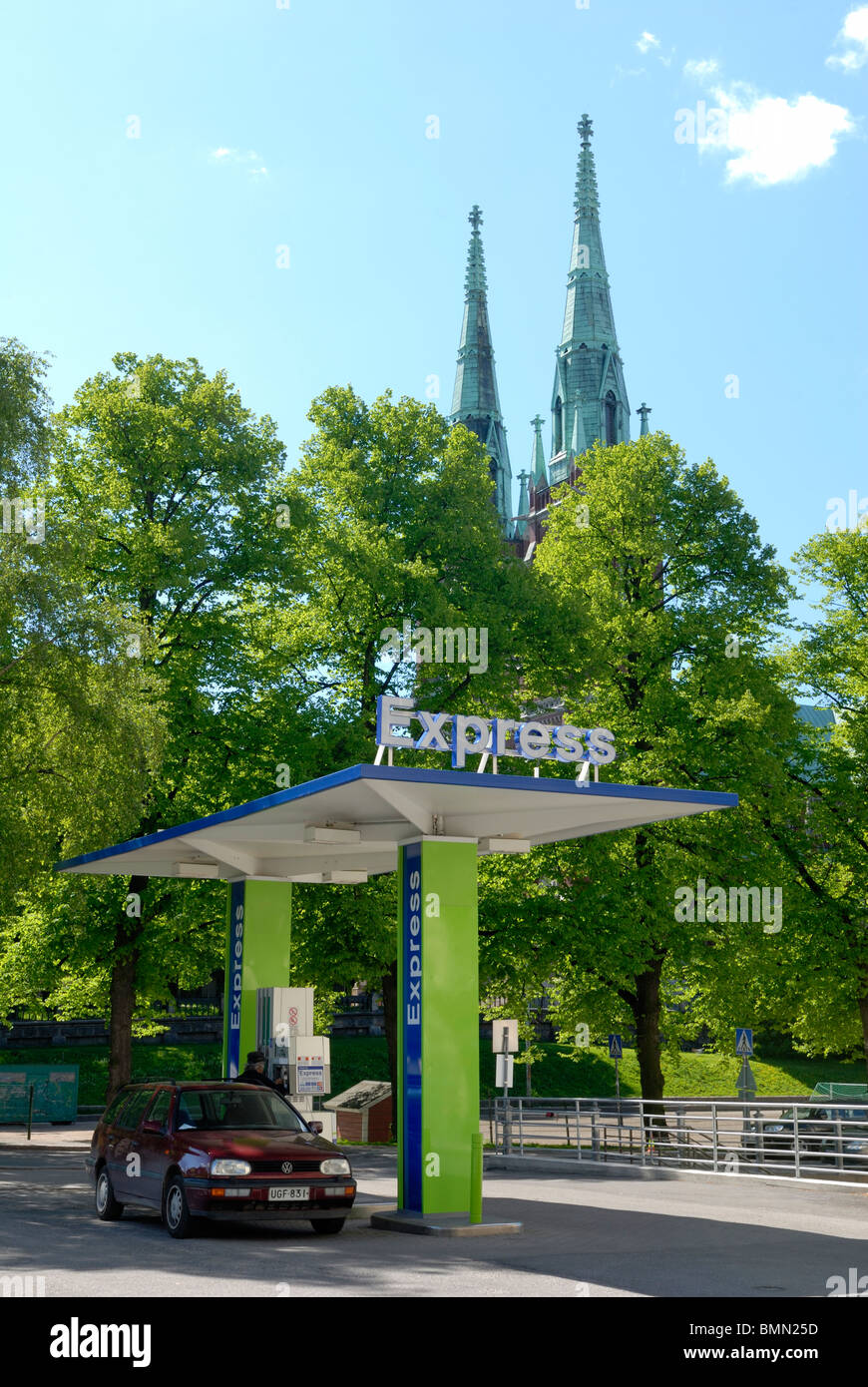 There are only a few filling stations in the downtown of Helsinki. Neste Oil Company has a filling station at the unique locatio Stock Photo