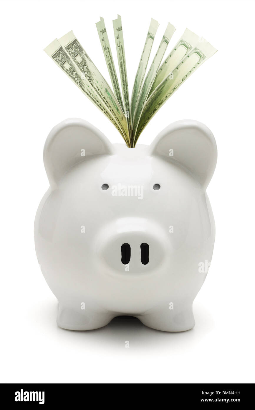 White piggy bank and US dollars on white background Stock Photo