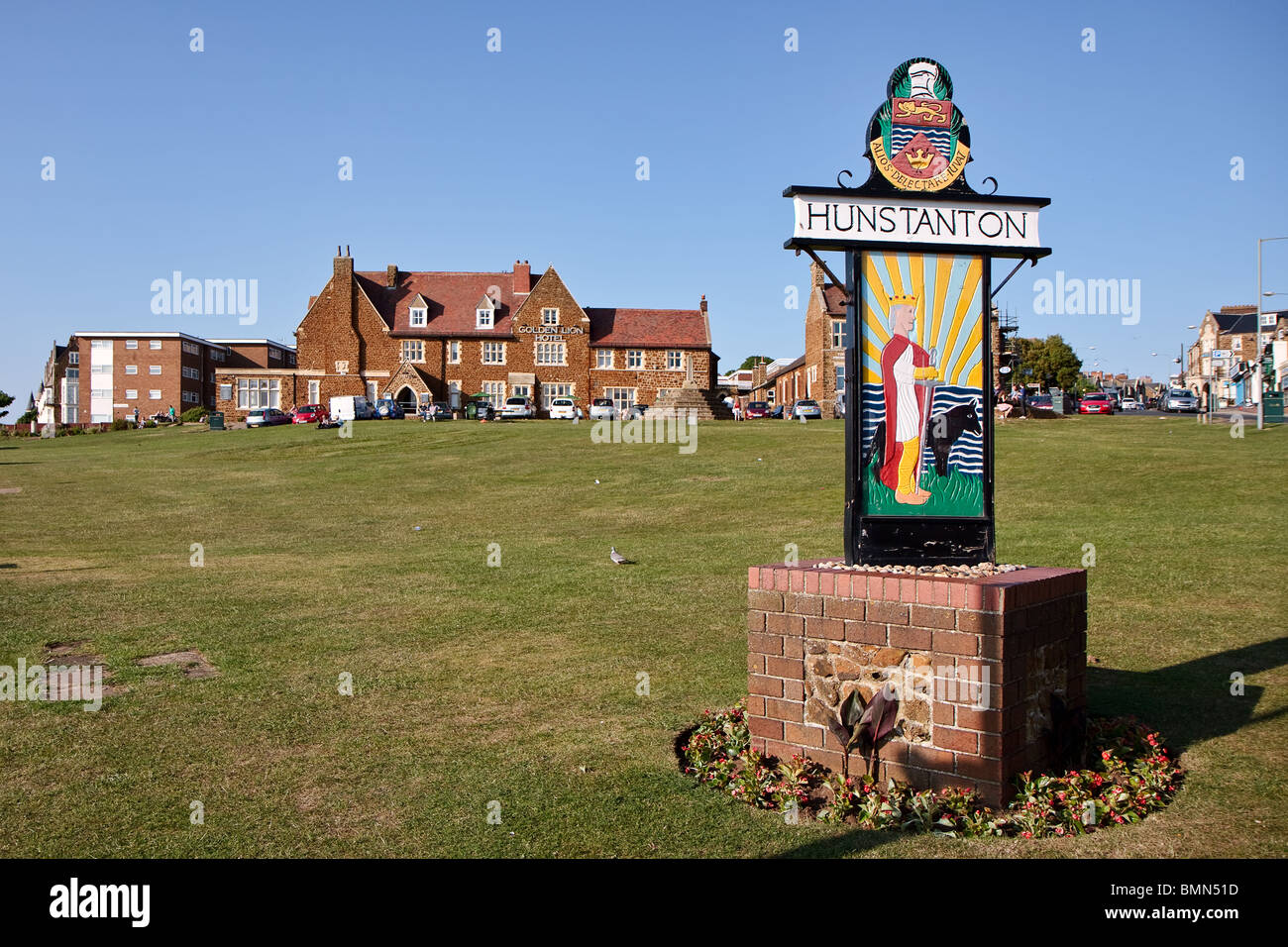 Sign for Hunstanton on the green by the sea Stock Photo