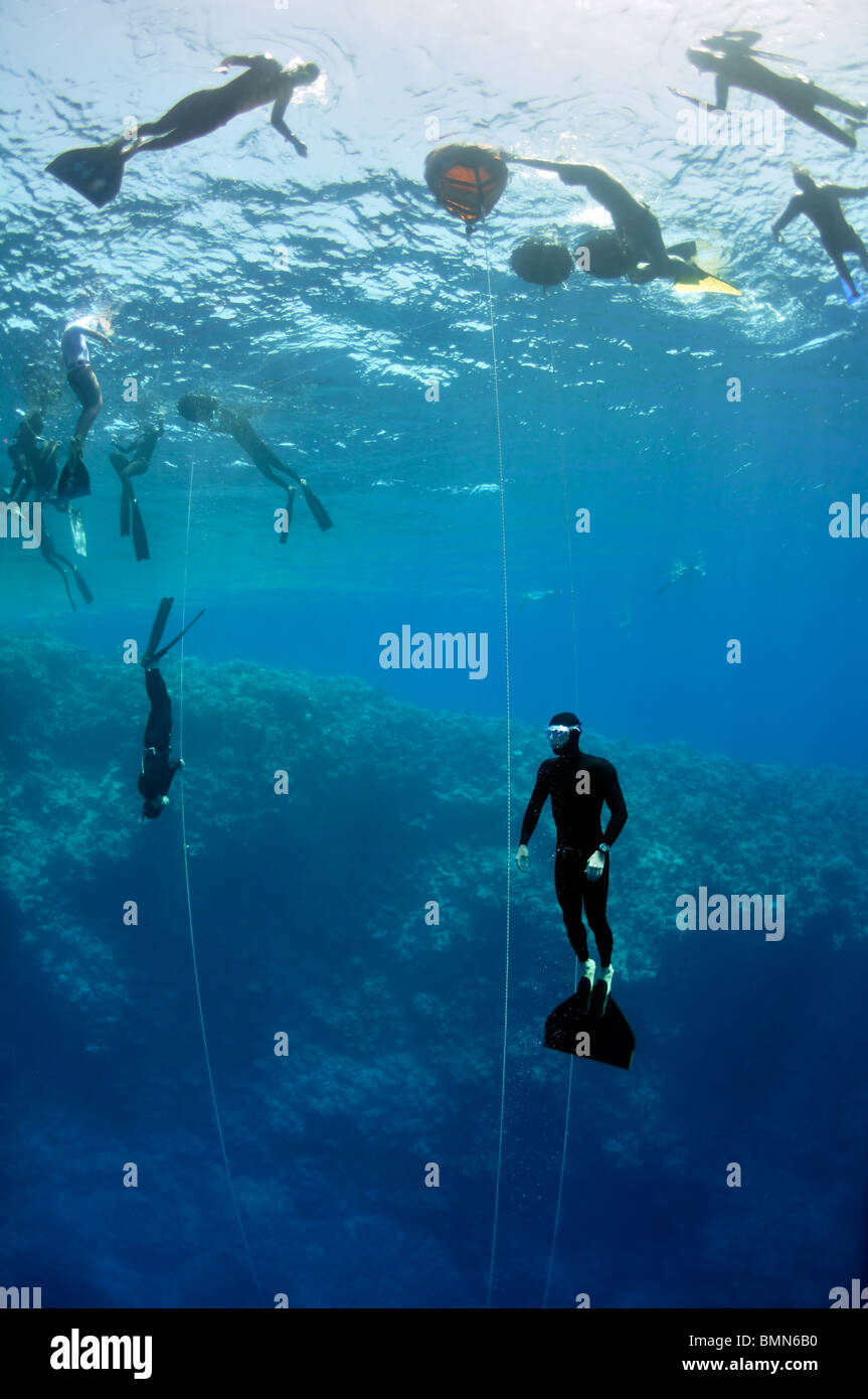 A lot of freedivers train in the depth of Blue Hole Stock Photo